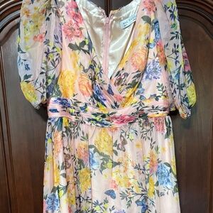 Mac Duggal Yellow FLORAL  CHIFFON PUFF SLEEVE TIERED HEM DRESS, Size 12, #68247
